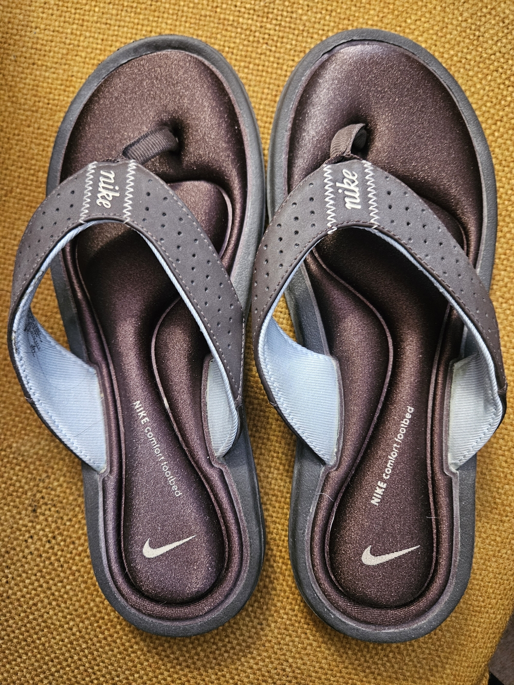Nike Brown Satin-Look Thong Sandals with Light Blue Accents